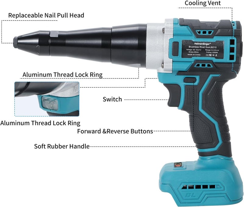 Heimerdinger Brushless Cordless Rivet Gun Compatible with Makita 18V Battery (Not Included), 12000N Pulling Force, for 1/8" 5/32" 3/16" Rivets, LED Light, Auto Reverse - Image 2
